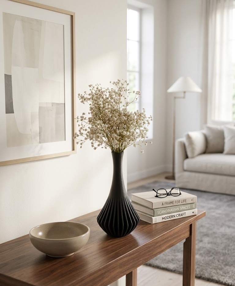 3D printed spiral vase holding dried stems on a neutral table