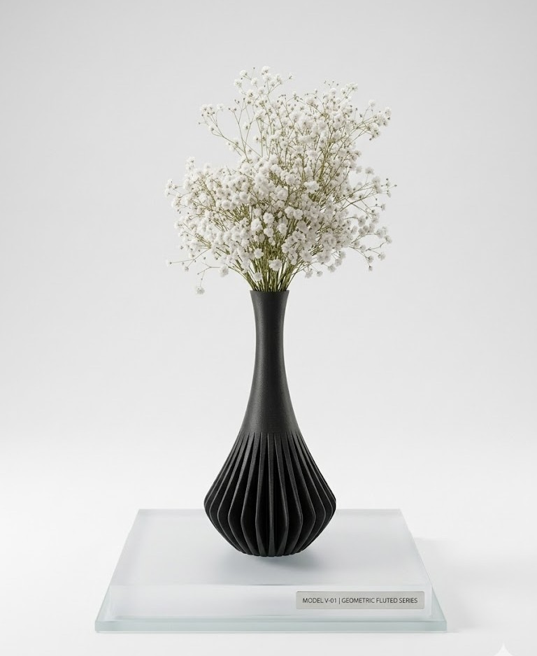 Affordable 3D printed spiral vase with vase-mode ridges holding baby's breath