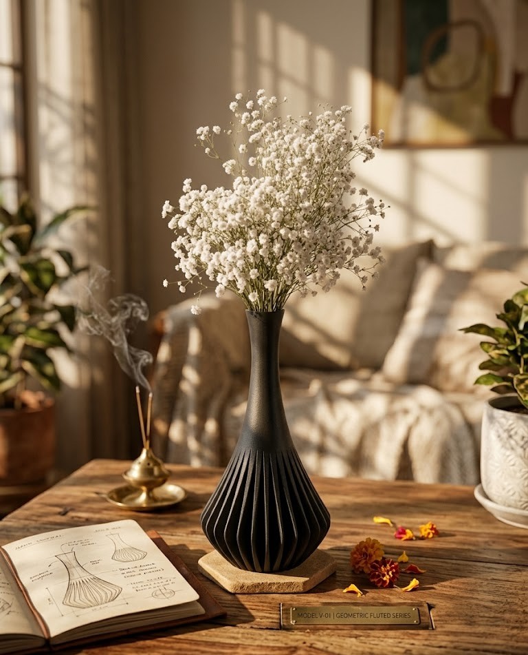 Cute 3D printed flower vase holding dried baby's breath on a sunlit table